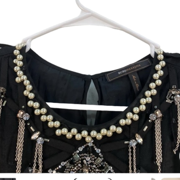 BCBG Maxazria Women S Black Beaded Sequin Satin Ruched Dress Short Sleeve 7939 - Picture 3 of 7